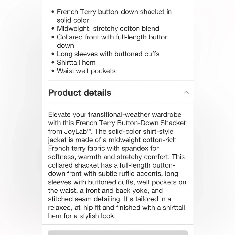 Women's French Terry Button Down Shacket
- JoyLab™ Ivory new - Picture 7 of 8